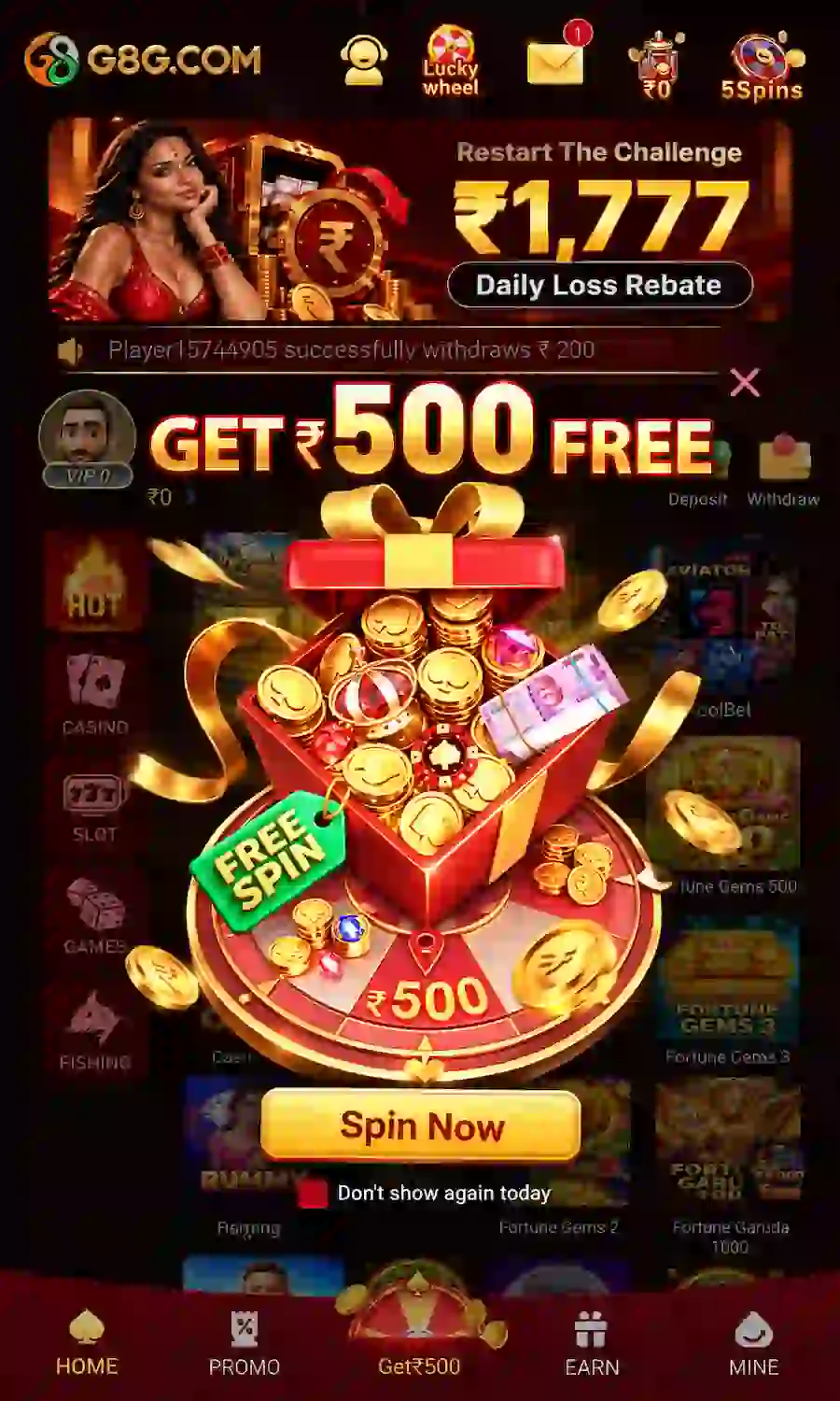 G8G Game home interface with game categories and an in-app promotional pop-up